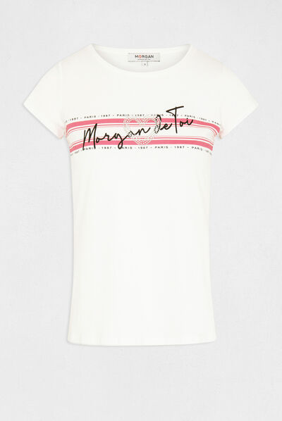 Camiseta de manga corta con mensaje fucsia mujer