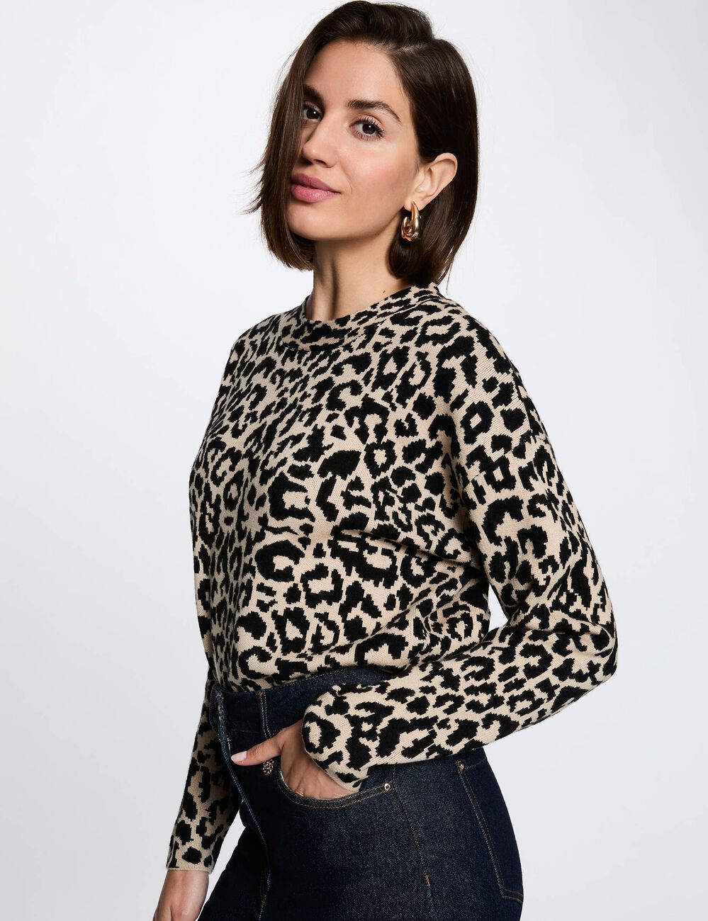 Jersey cuello redondo beige mujer