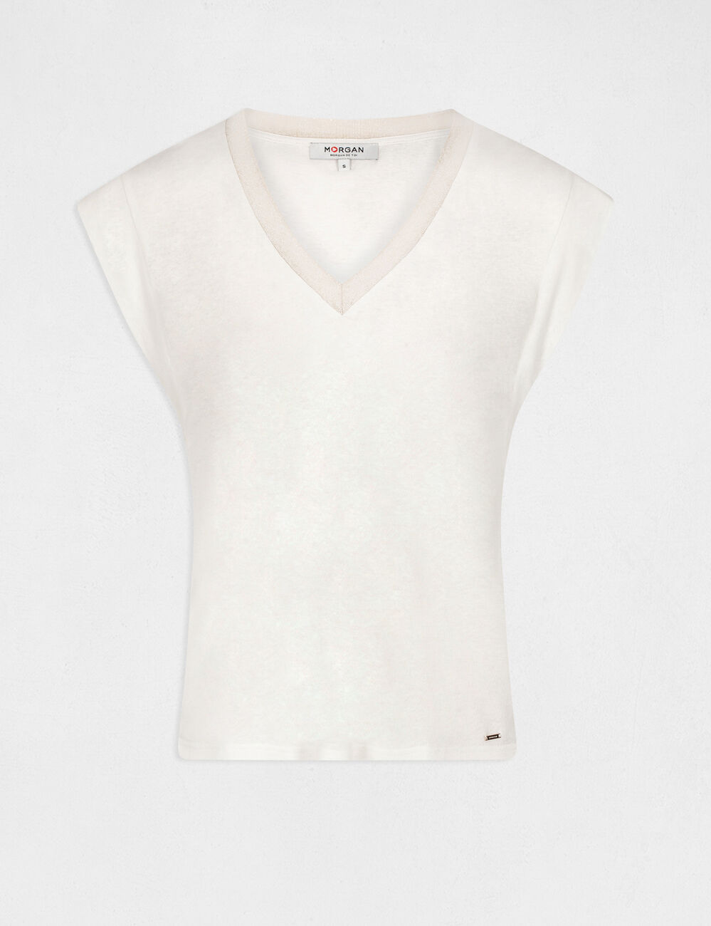 Camiseta manga corta con escote en V marfil mujer