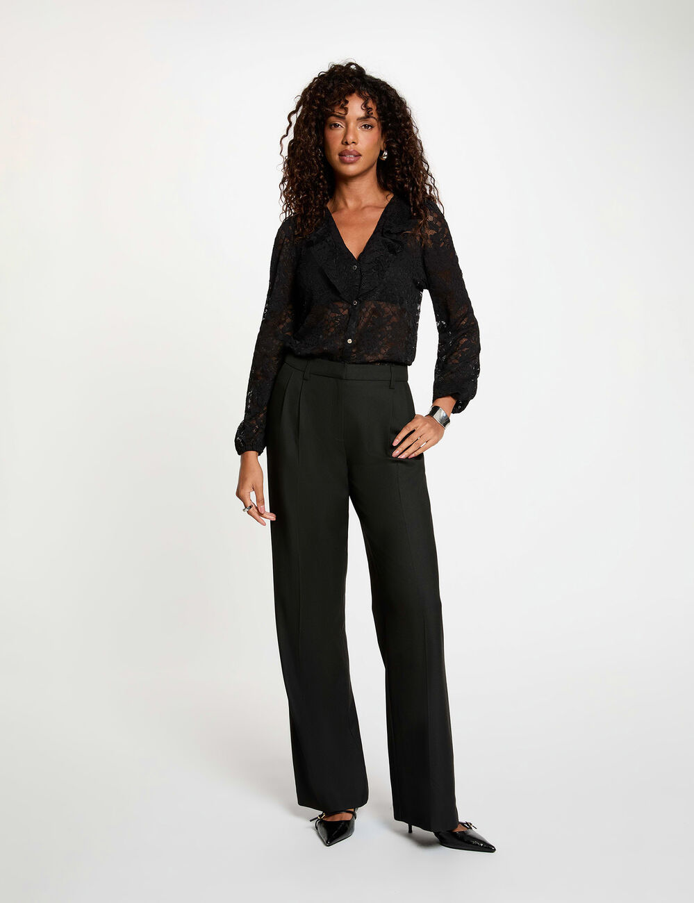 Blusa de encaje con cuello en v negro mujer
