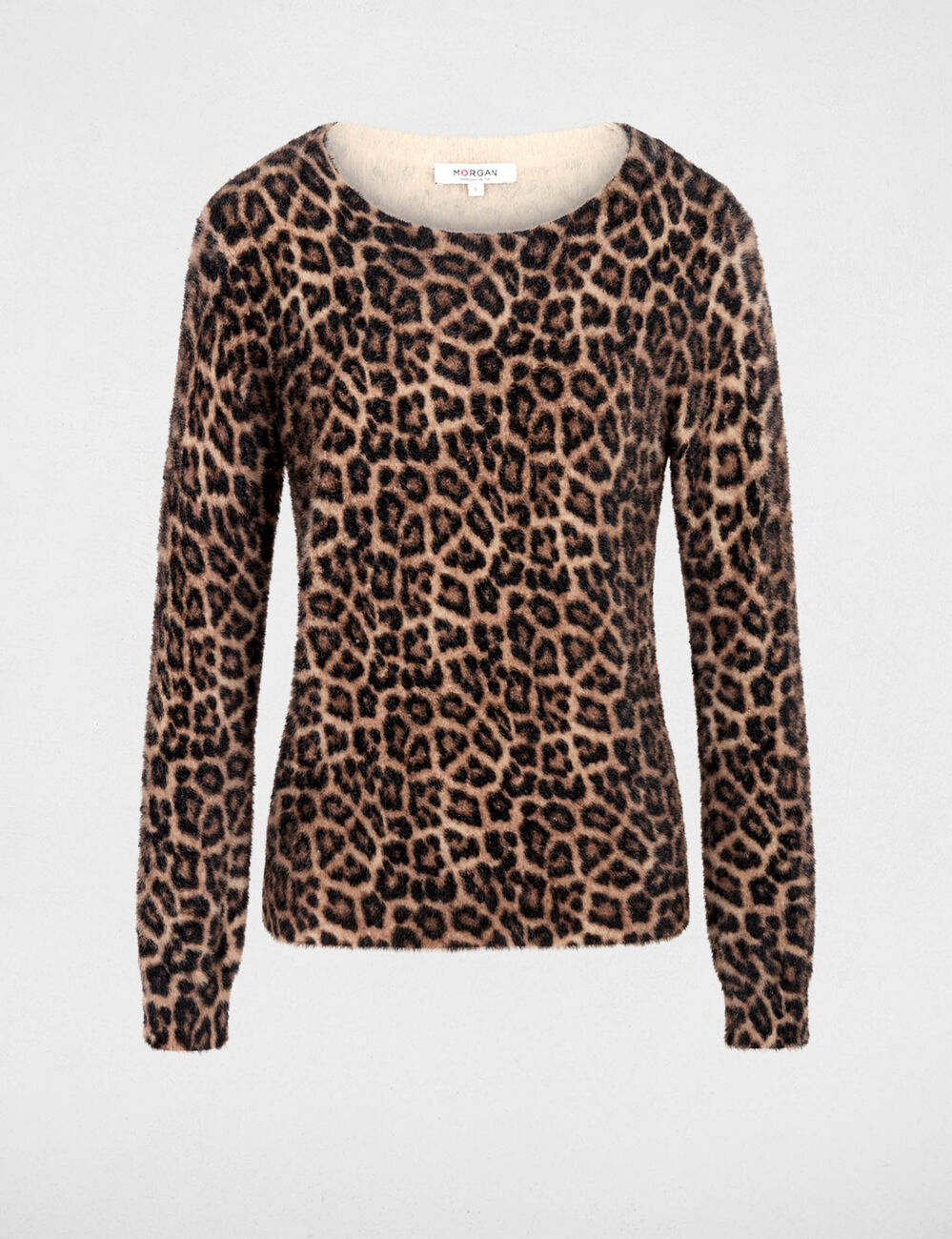 Jersey de cuello redondo leopardo beige mujer