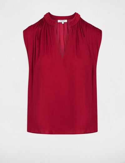Blusa manga corta satinada burdeos mujer