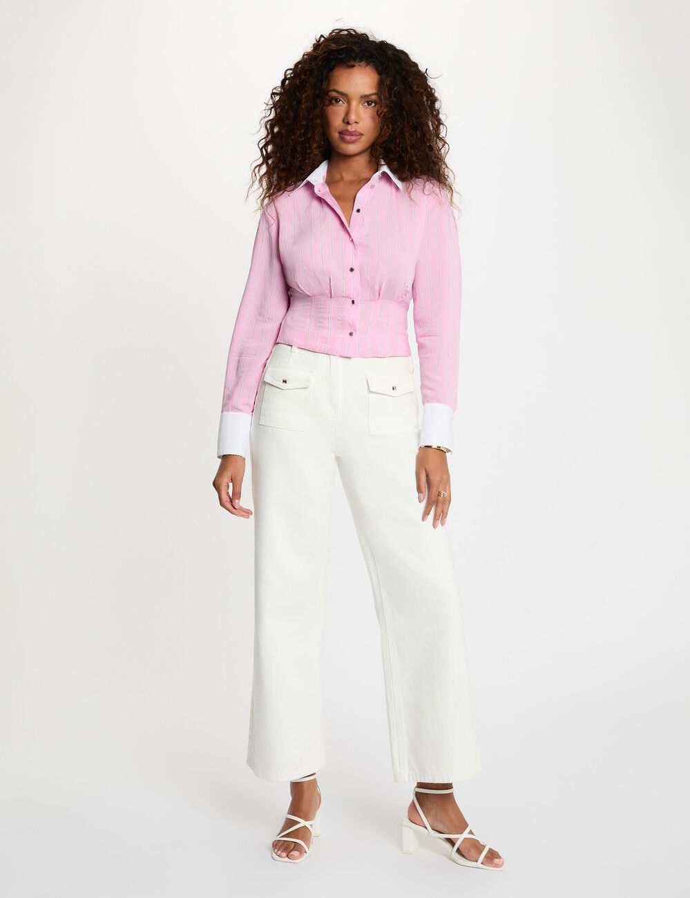 Camisa ajustada cuello v rosa mujer