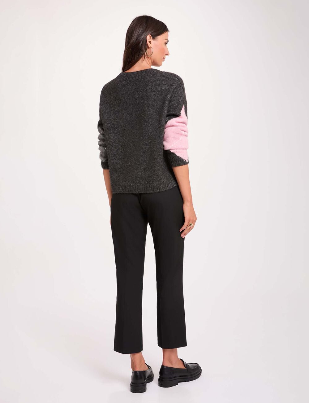 Jersey jacquard con cuello en v gris oscuro mujer