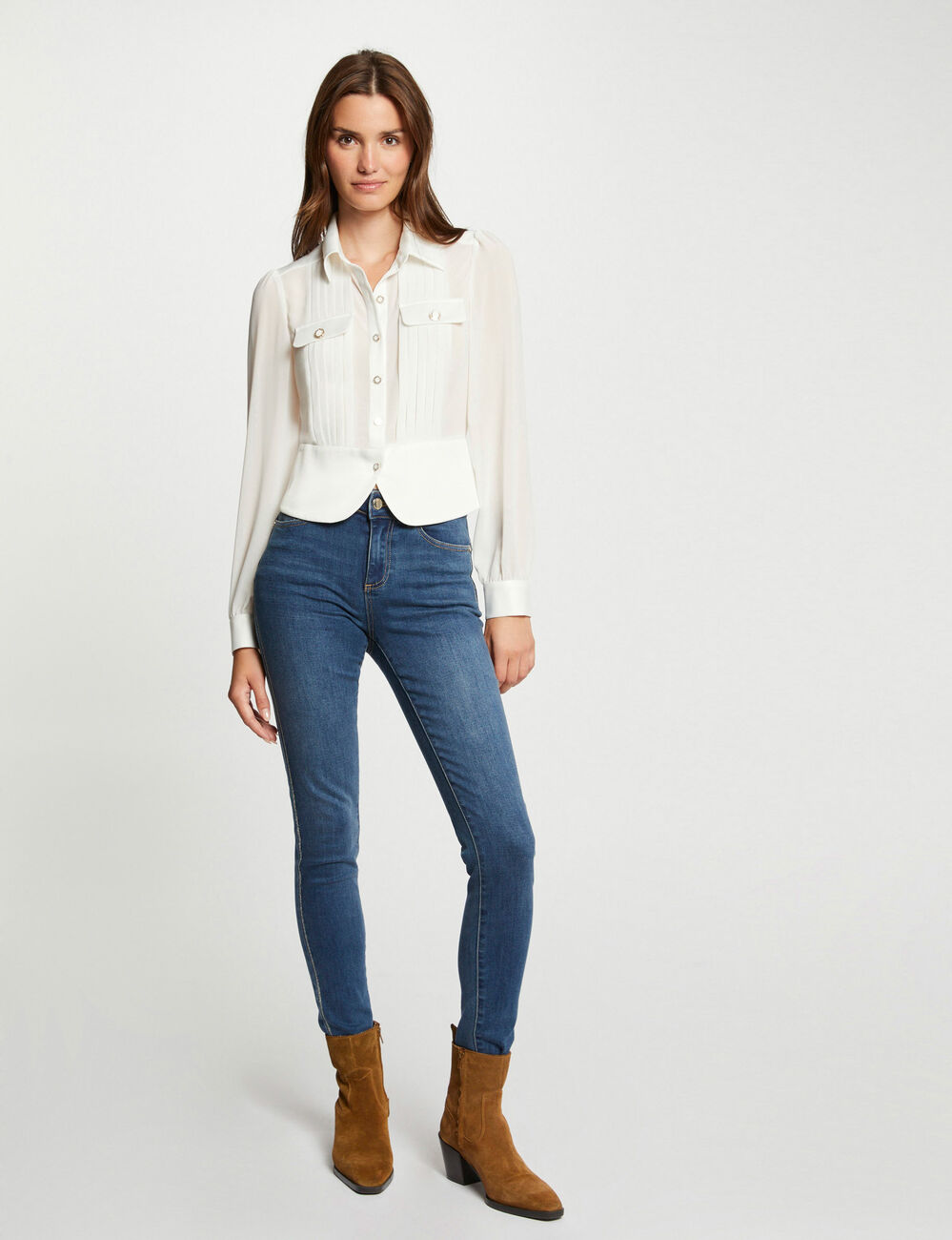 Camisa manga larga con pliegues marfil mujer