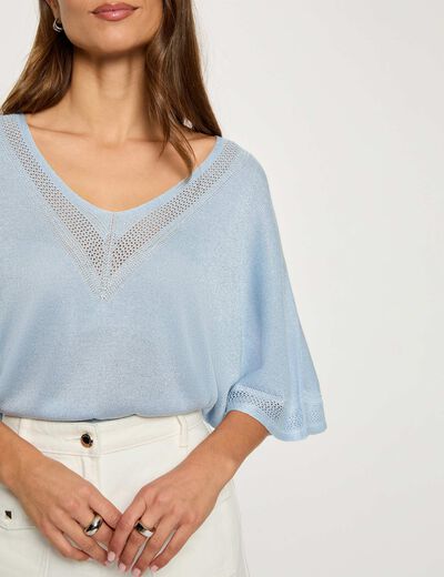 Jersey escote en V manga corta azul cielo mujer