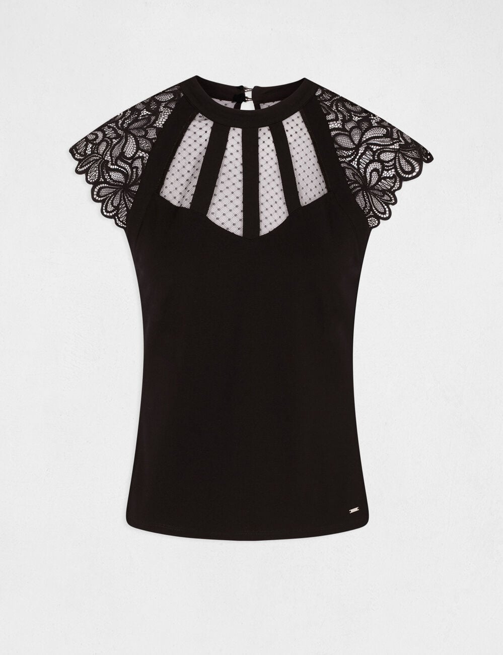 Camiseta encaje cuello alto negro mujer