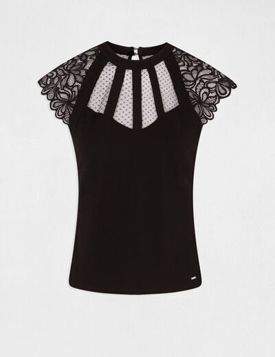 Camiseta manga corta con encaje negro mujer