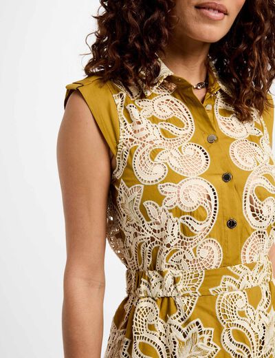 Vestido evasé bordado verde caqui mujer