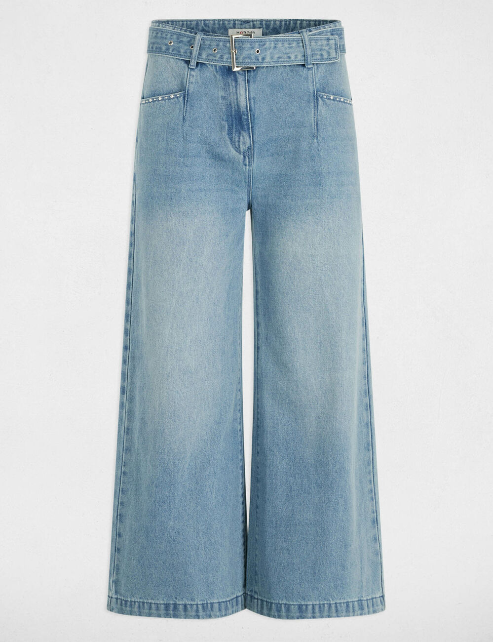 Vaquero pernera ancha cinturón denim descolorido mujer