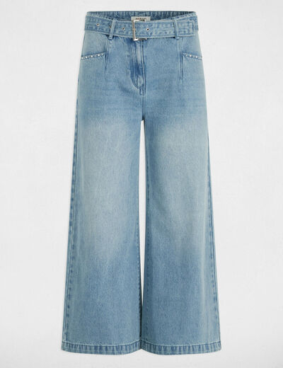 Vaquero pernera ancha cinturón denim descolorido mujer