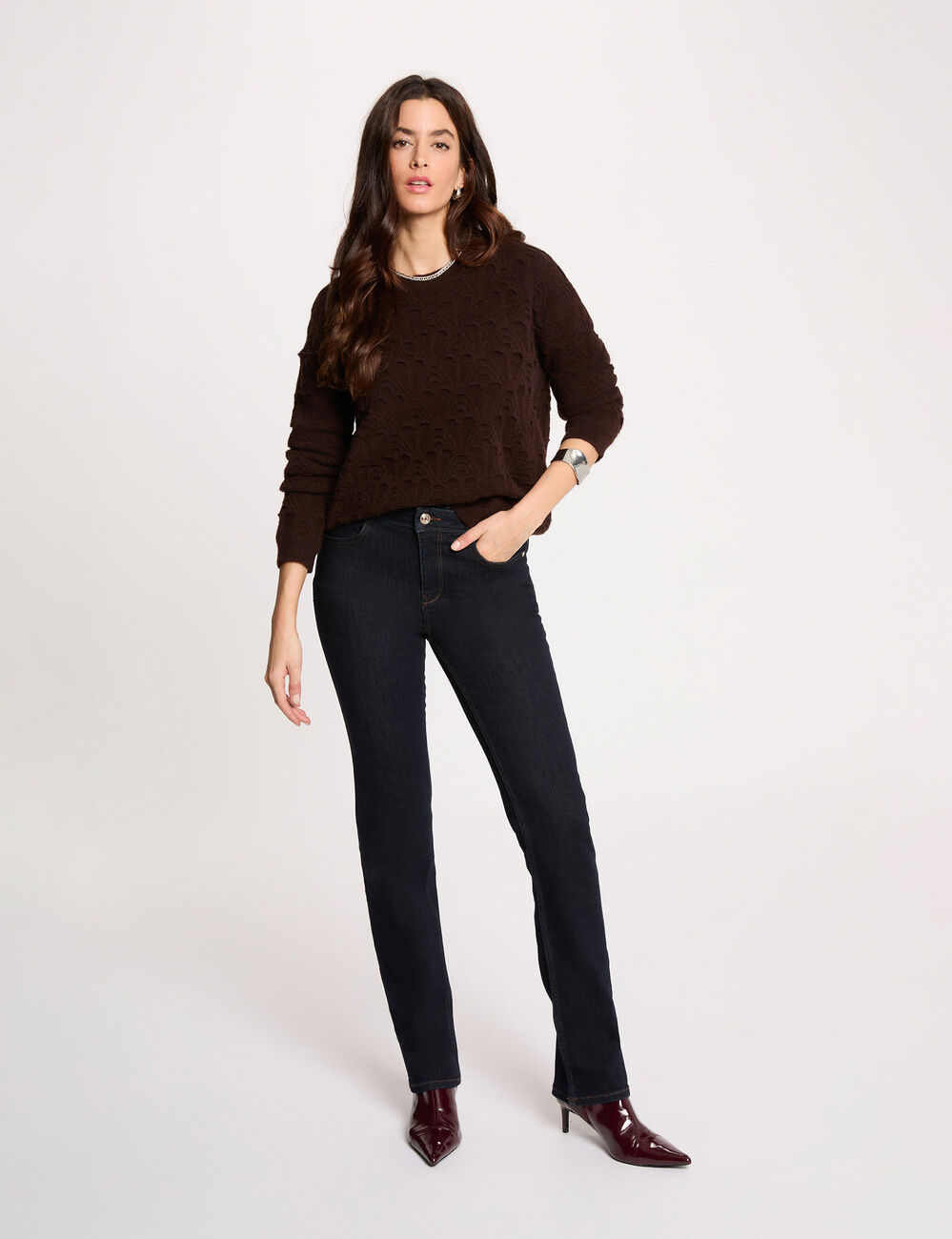 Jersey cuello redondo fantas&iacute;a marr&oacute;n oscuro mujer