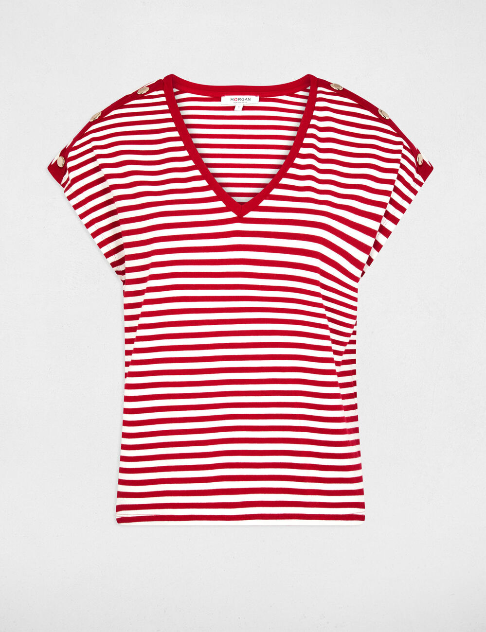 Camiseta de rayas con cuello v blanco mujer