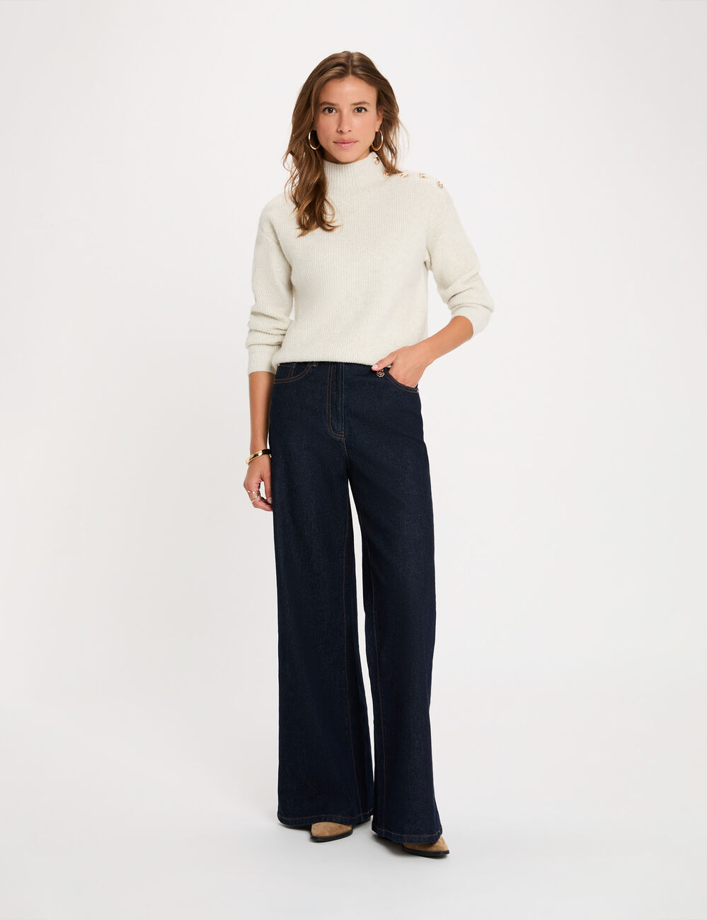 Jersey de cuello alto marfil mujer