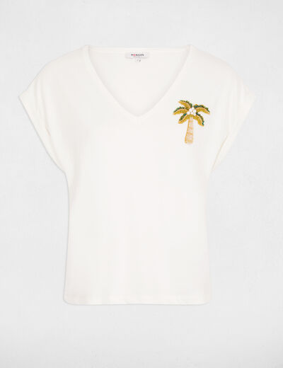 Camiseta cuello v manga corta blanco mujer
