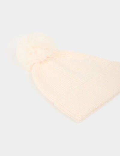 Gorro con hilos metalizados marfil mujer