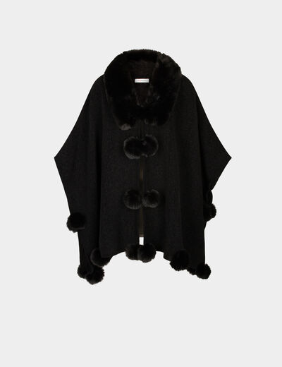 Poncho con pompones negro mujer