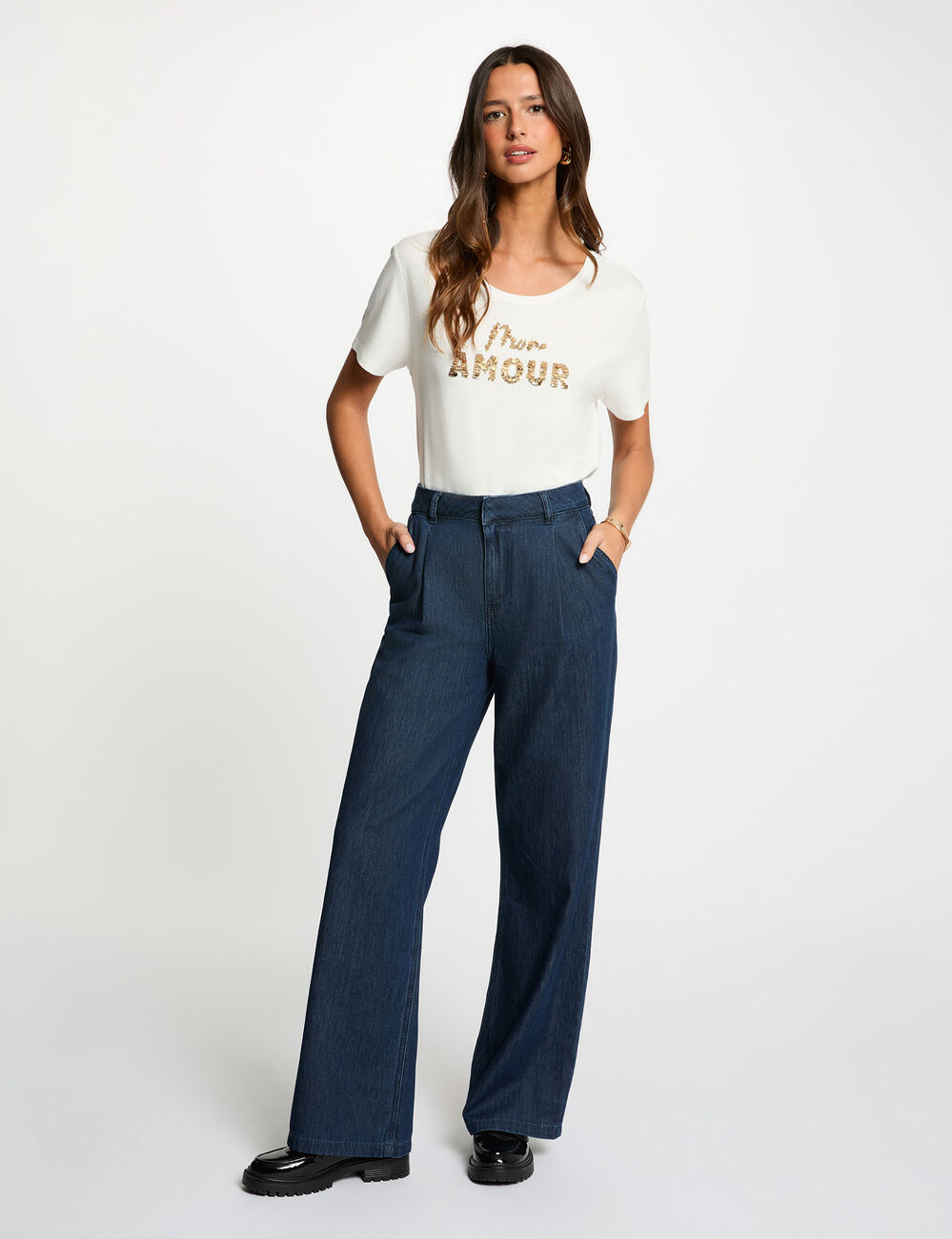 Camiseta bordada con lentejuelas blanco mujer