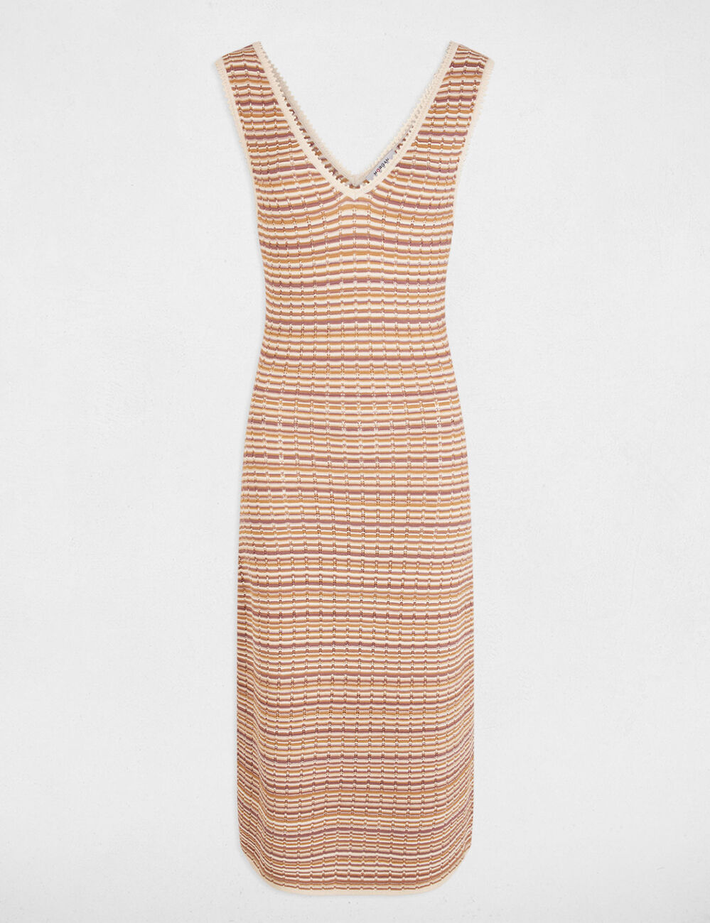 Vestido de punto con cuello en v beige mujer