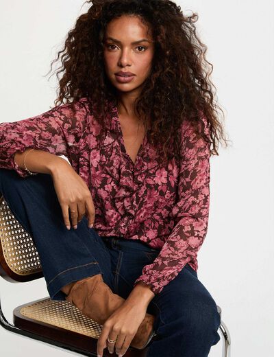 Camiseta de voile con cuello v burdeos mujer