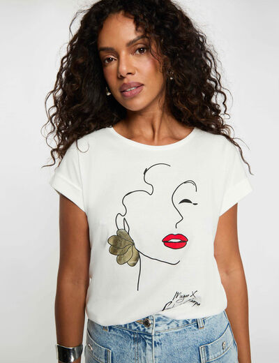 Camiseta recta con cuello redondo blanco mujer