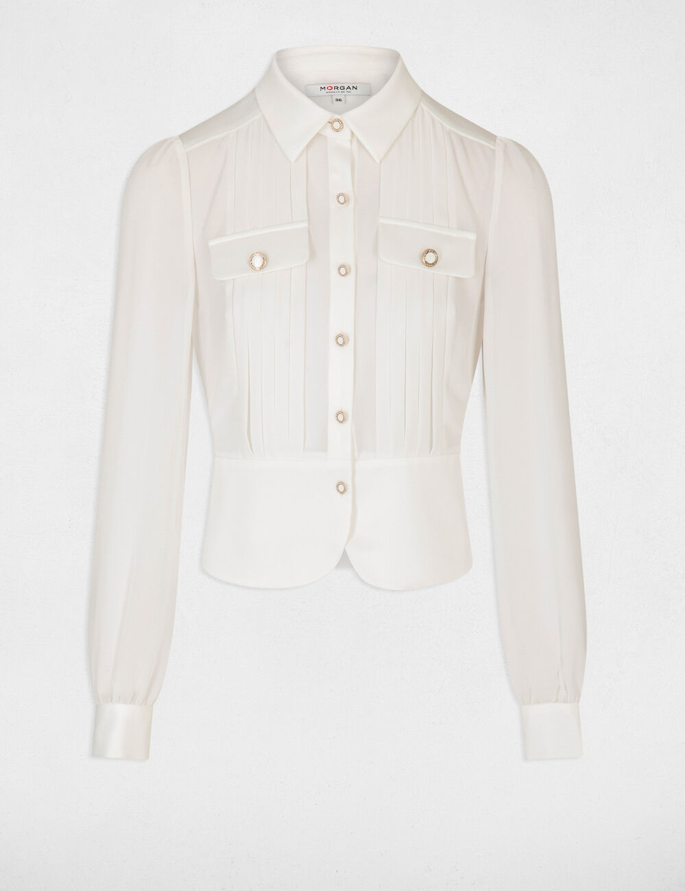 Camisa manga larga con pliegues marfil mujer