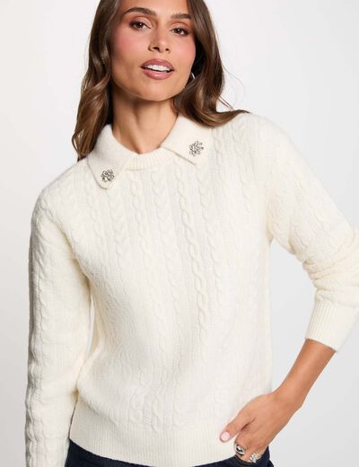 Jersey trenzado con cuello vuelto marfil mujer