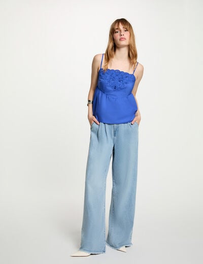 Jean ancho de tiro alto denim descolorido mujer