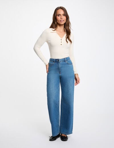 Jersey entallado con cuello polo marfil mujer