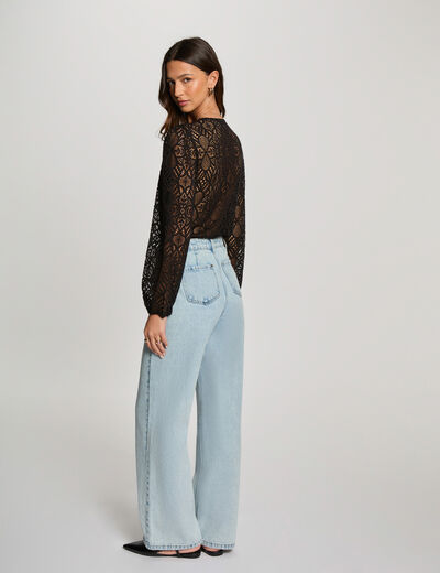 Camiseta encaje escote en V negro mujer