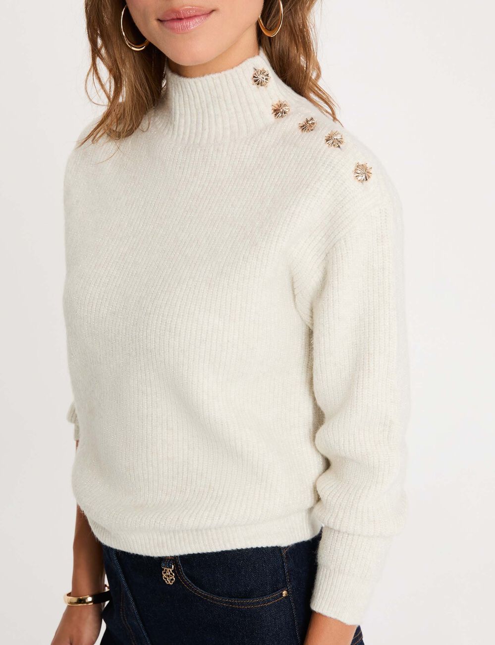Jersey de cuello alto marfil mujer