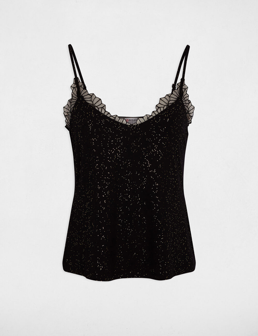 Top de encaje con cuello en v negro mujer
