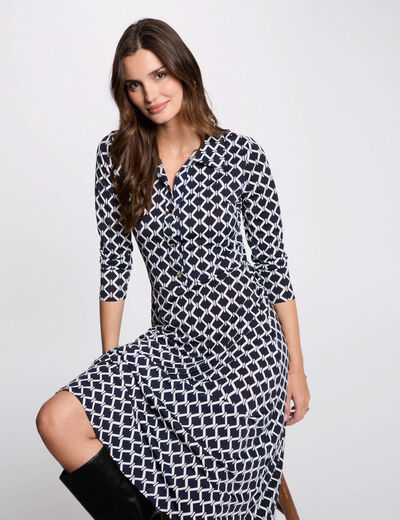 Vestido midi recto estampado azul marino mujer