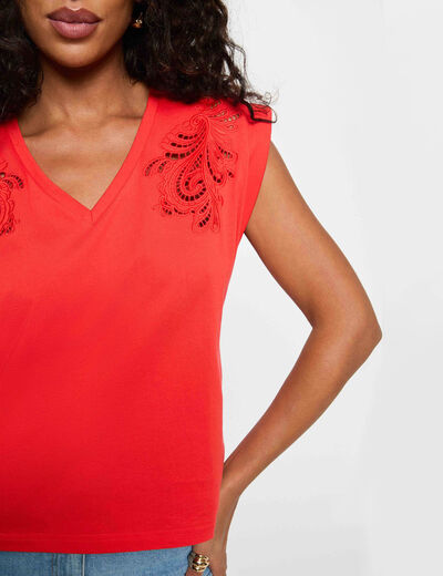 Camiseta cuello v manga corta rojo vivo mujer