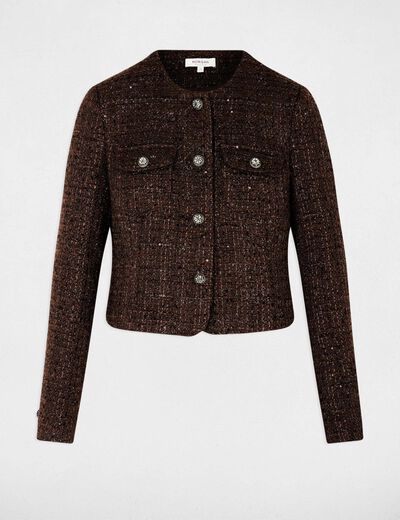 Chaqueta entallada con cuello redondo marr&oacute;n oscuro mujer