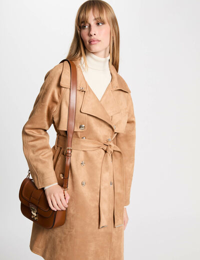 Gabardina larga de antelina marron clair mujer