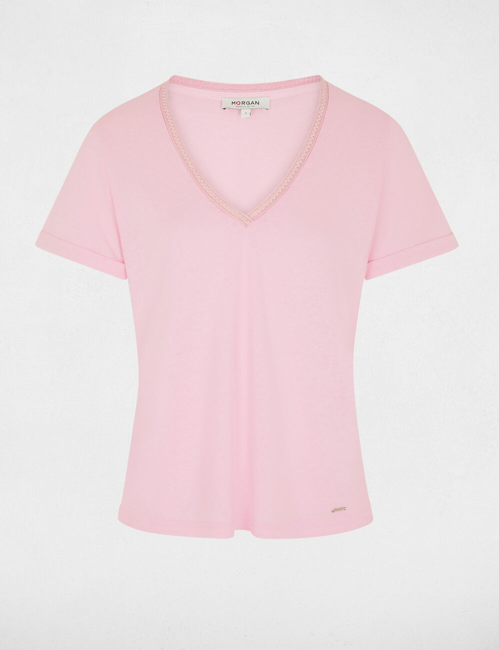 Camiseta con cuello en v con perlas rosa mujer