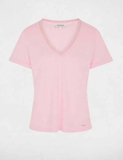 Camiseta con cuello en v con perlas rosa mujer