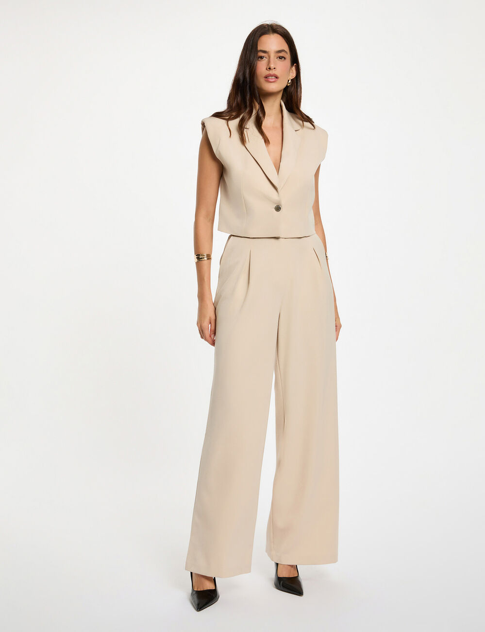 Chaleco cropped beige mujer