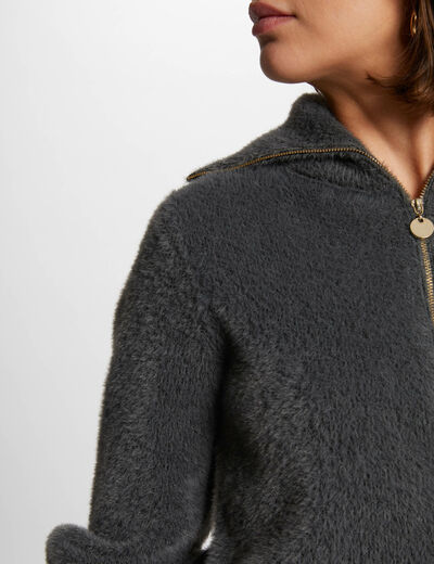 Jersey manga larga cuello con cremallera gris anthracite mujer