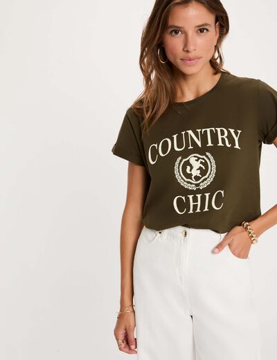 Camiseta cuello redondo manga corta verde caqui mujer