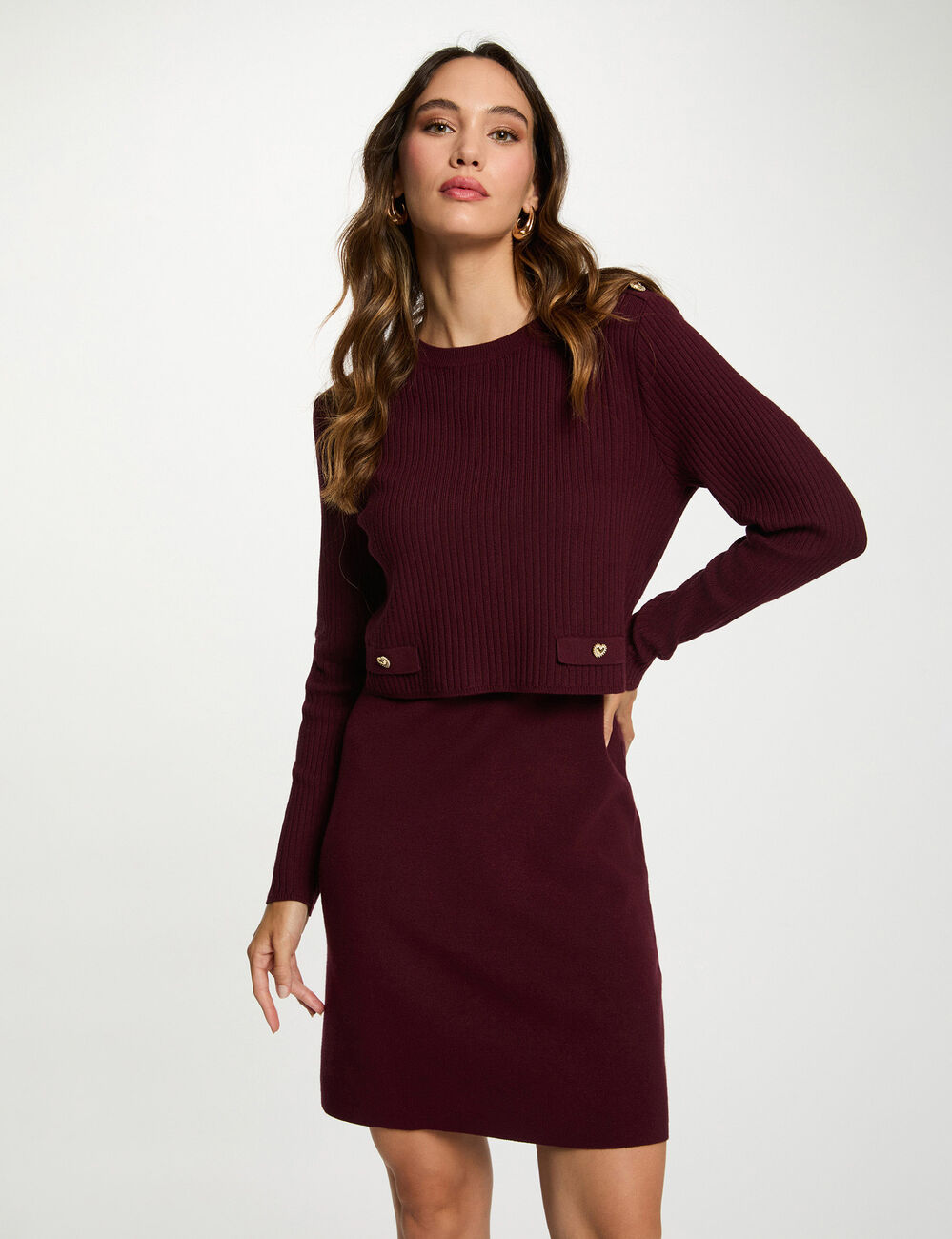 Vestido corto de punto efecto 2 en 1 ciruela mujer