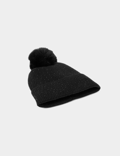 Gorro con strass y pomp&oacute;n negro mujer