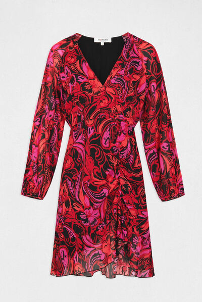 Vestido recto fruncido estampado vegetal multicolor mujer
