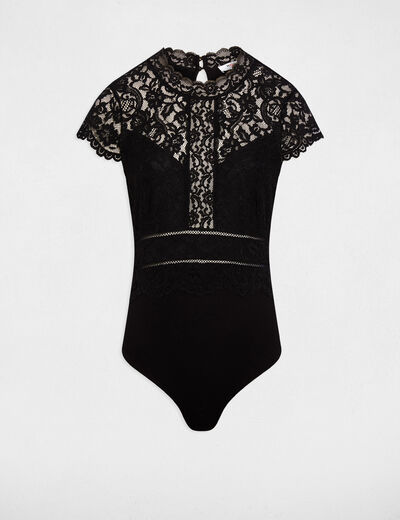 Body de encaje con cuello alto negro mujer