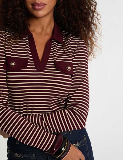 Polo manga larga y rayas burdeos mujer