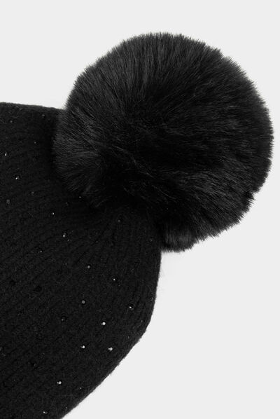 Gorro con strass y pompón negro mujer
