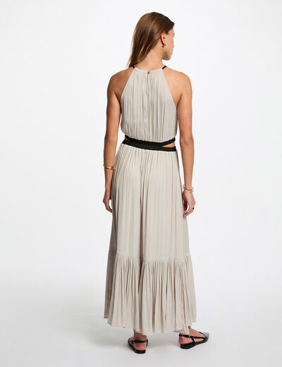 Vestido largo recto de satén beige mujer