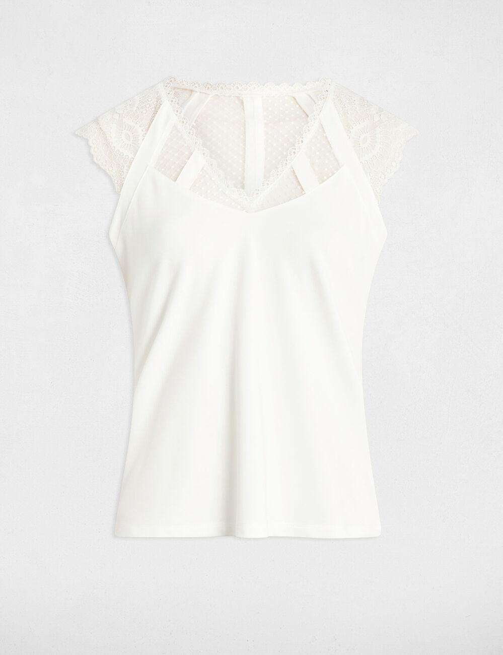 Camiseta de encaje con cuello en v blanco mujer
