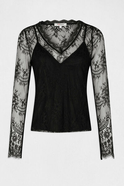Camiseta manga larga con encaje negro mujer